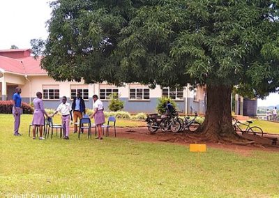 Students set up chairs in a circle under a tree, Uganda.