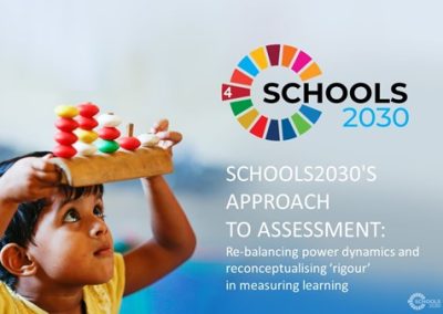 Opening slide of Schools2030 UKFIET conference session entitled ‘Schools2030’s Approach to Assessment’ with image of child playing.Re-balancing power dynamics and reconceptualising "rigour" in measuring learning