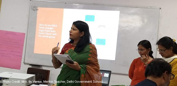 female teacher mentors teacher trainees at the Delhi Government School, India