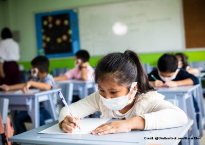 Children wearing face masks sitting at their desks in the classroom.
