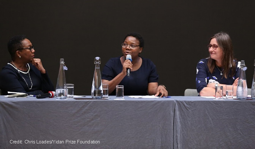 Alicia Herbert from FCDO, Fiona Mavhinga from CAMFED and Pauline Rose from the REAL Centre discuss on a panel at the Yidan Prize Foundation conference organised by the REAL Centre and CAMFED on 7 October 2021.