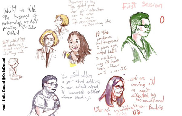 A visual sketch of key points raised during the discussion of the first session of the Yidan Prize Foundation conference organised by the REAL Centre and CAMFED on 7 October 2021. It represents ideas from the Honourable Julia Gillard, Angeline Murimirwa from CAMFED, Fiona Mavhinga from CAMFED, Alicia Herbert from FCDO and Pauline Rose from the REAL Centre.