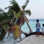 2 children on a small island where water levels are rising and palm trees are falling into the water.