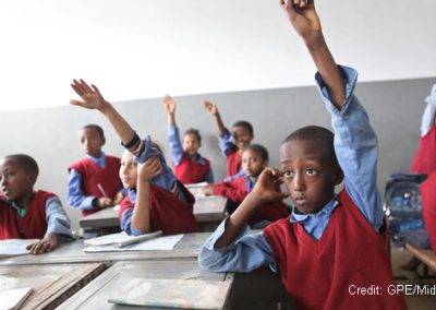 Students raising hands in class, Hidassie School, Addis Ababa, Ethiopia