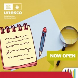 Illustration of a spiral notepad with scribbling on it, a magnifying glass, and pencil with UNESCO log and "Now Open"