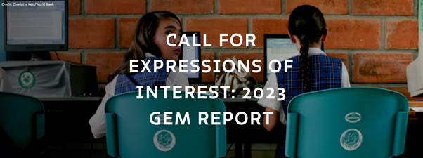 Call for Expressions of Interest:2023 GEM Report image of children sitting at computers with a brick wall in front of them