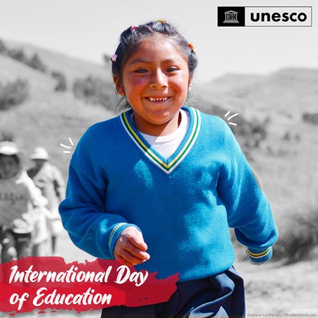 Girl in a blue school uniform with text International Day of Education and UNESCO logo