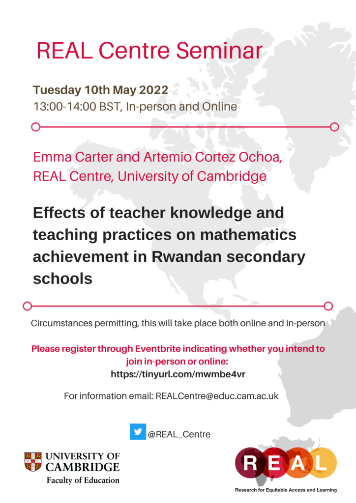 Poster advertising the Seminar on 10 May REAL Centre and University of Cambridge logos