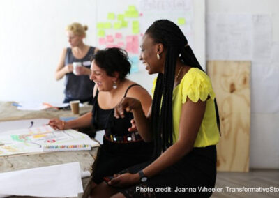 Alison Buckler in the background and Nava Derakhshani and Jennifer Agbaire laugh over some visual storytelling aides during a workshop.