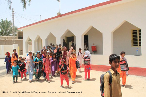 Children leaving a newly-built school, Pakistan