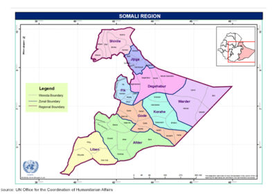 Geographical map of the Somali region of Ethiopia, with Woreda, zonal and regional boundaries drawn in. Provided by the UN Office for the Coordination or Humanitarian Affairs.