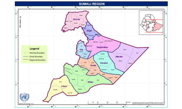 Geographical map of the Somali region of Ethiopia, with Woreda, zonal and regional boundaries drawn in. Provided by the UN Office for the Coordination or Humanitarian Affairs.