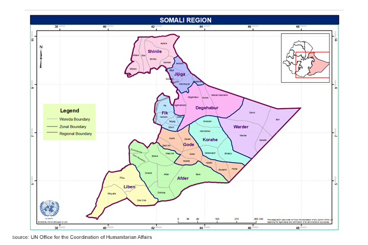 Geographical map of the Somali region of Ethiopia, with Woreda, zonal and regional boundaries drawn in. Provided by the UN Office for the Coordination or Humanitarian Affairs.