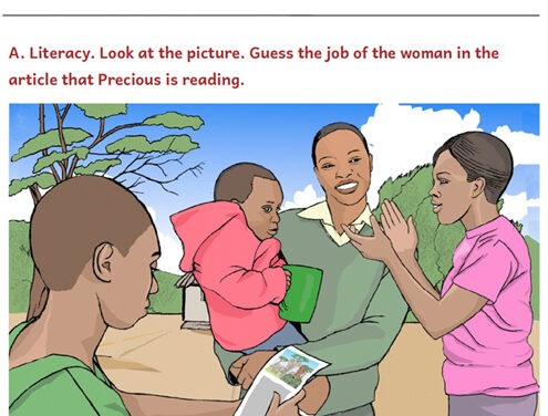 Illustration from Unit 2 of Supporting Adolescent Girls’ Education (SAGE), Zimbabwe Open Education Resource textbook adapted for girls. This unit is focusing on inspirational women and asks the readers to guess the job of the woman in the article that Precious is reading.