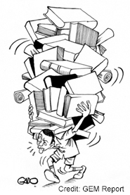 Cartoon drawing of a teacher trying to walk under the weight of a very heavy load of books and papers piled high on his back.