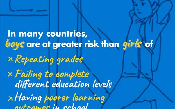 Illustration with blue background and line drawing of a boy with a school bag. UNESCO logo. "In many countries, boys are at greater risk than girls of : Repeating grades, Failing to complete different education levels, Having poorer learning outcomes in school.