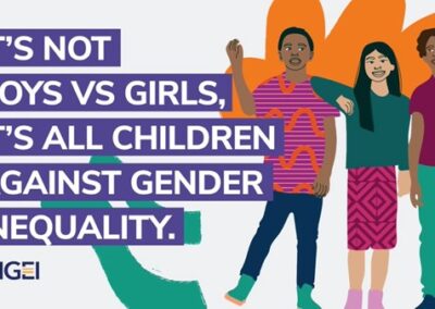 cartoon image from UNGEI of three children standing together against gender inequality. It's not Boys Vs Girls, it's all children against gender inequality. UNGEI Logo