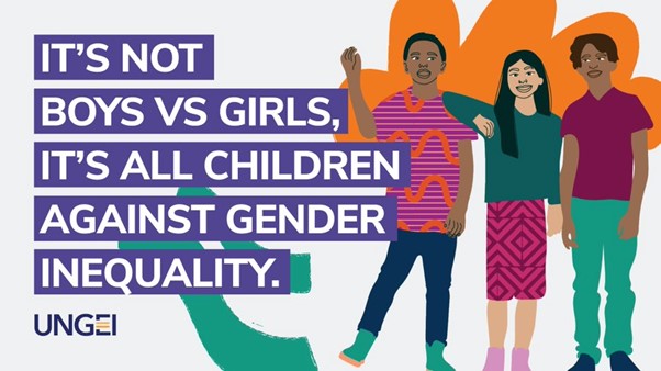 cartoon image from UNGEI of three children standing together against gender inequality. It's not Boys Vs Girls, it's all children against gender inequality. UNGEI Logo