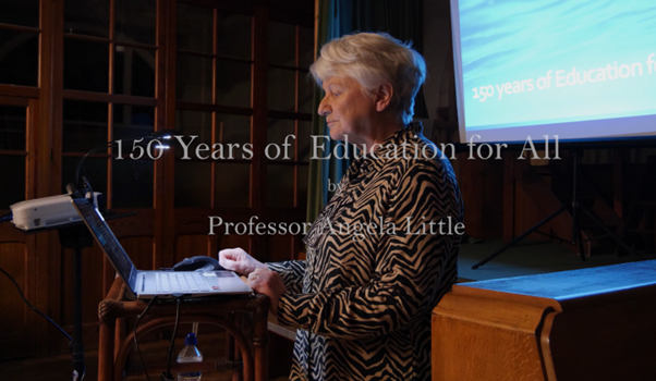 Still image of Professor Angela Little giving talk for the Michael Heritage Trust to mark the 150th anniversary of the 1872 Isle of Man Act for Public Elementary Education.