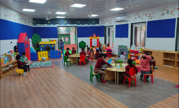 Children engaged in play activities in small groups at the Montessori lab at Rama Pratap SV, Rajendra Nagar-1, Delhi