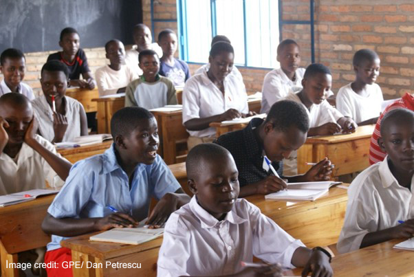 Students sitting in a classroom in Rwanda