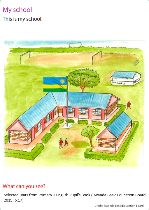 Drawing of a school in Rwanda from a school textbook for Primary 1 students. The drawing is from an English book encouraging students to describe the school they see in the image.