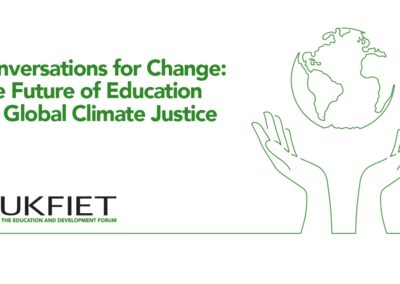 Conversations for change: the future of education for global climate justice. illustration with hands and earth and UKFIET logo