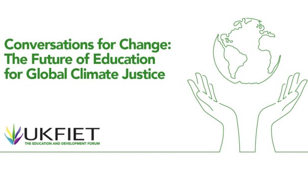 Conversations for change: the future of education for global climate justice. illustration with hands and earth and UKFIET logo