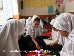 Malika, a 9-year-old girl, attends Save the Children’s community-based education (CBE) class for girls in Kabul, Afghanistan.