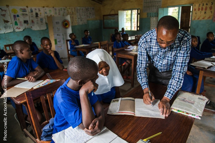 Teacher supporting deaf pupils in an inclusive school in Singida, Tanzania.