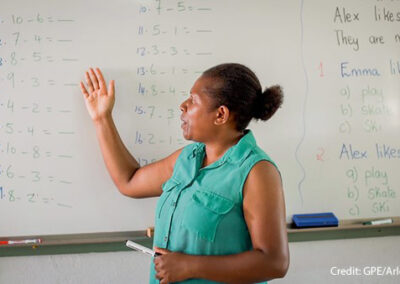 Janet, inclusive education school teacher, teaches maths in front of a white board, Freswota School, Vanuatu.