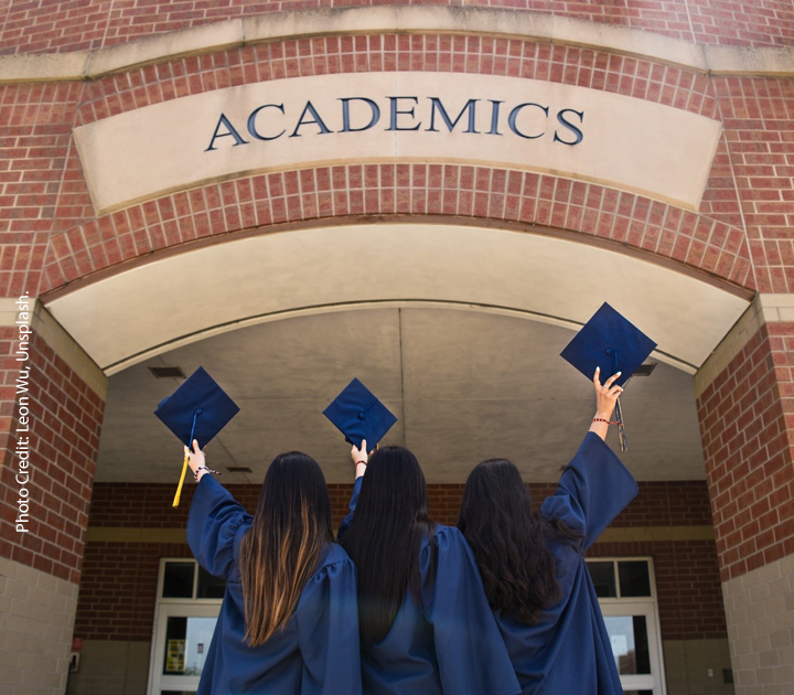 Three young women dressed in university graduation gowns hold up their graduation mortar boards looking to a sign saying ‘Academics’.