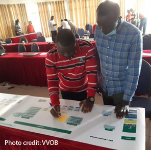 Two educators work around a chart, adding in design elements as the development team design the blended CPD delivery approach in Rwanda.