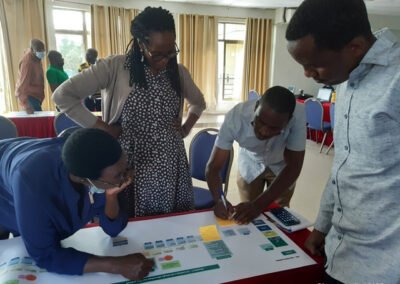 Four educators work around a chart, adding in design elements as the development team design the blended CPD delivery approach in Rwanda.