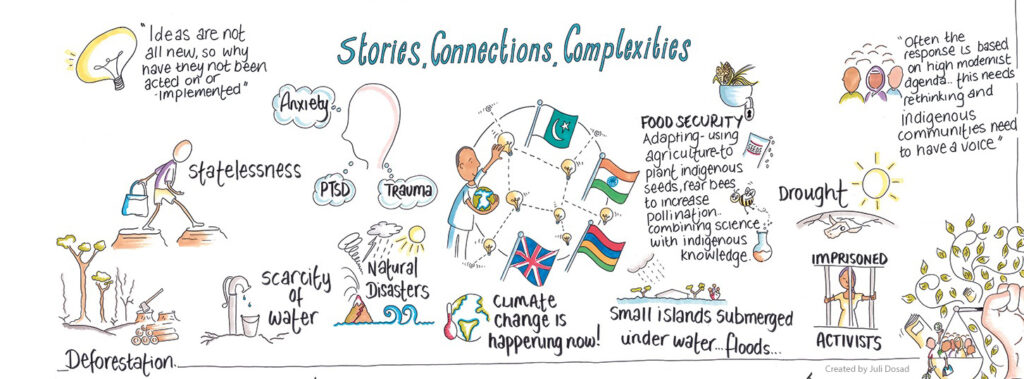 Stories, Connections, Complexities.  Part of a drawing by Juli Dosad recording the Conversations for Change event Nov 22.