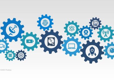 Graphic of blue interconnected cogs with tech icons inside centre of each cog