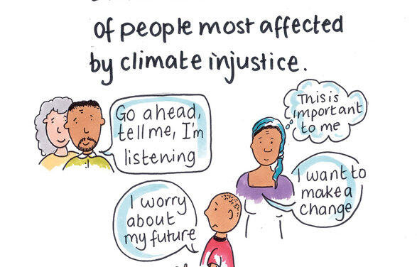 Drawing titled ‘Listen to the concerns of people most affected by climate injustice.’ Various people express their concerns. A man says “Go ahead, tell me, I’m listening”; A woman thinks “This is important to me” and says “ I want to make a change”; A boy says “ I worry about my future”.