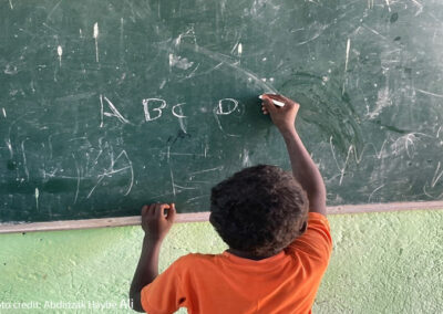 Young boy learns to write the letters of the alphabet with chalk on the blackboard of his primary school classroom, Somali Region, Ethiopia.