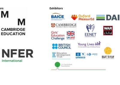 Logos for Sponsors and Exhibitors, Cambridge Education, NFER, BAICE, Oxford MeasurEd, DAI Global, Cambridge University press and assessment, EENET, British Council, Young Lives, Right to Play, Education Development Trust, IIEP UNESCO, Curriculum Foundation, War Child and Girls' Education Challenge