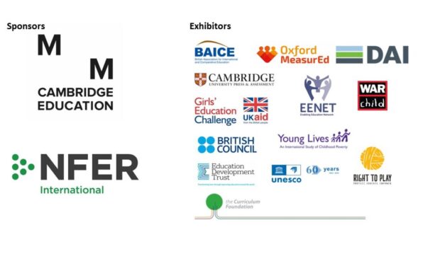 Logos for Sponsors and Exhibitors, Cambridge Education, NFER, BAICE, Oxford MeasurEd, DAI Global, Cambridge University press and assessment, EENET, British Council, Young Lives, Right to Play, Education Development Trust, IIEP UNESCO, Curriculum Foundation, War Child and Girls' Education Challenge