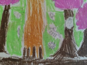 Drawing by young children of a woodland with animals