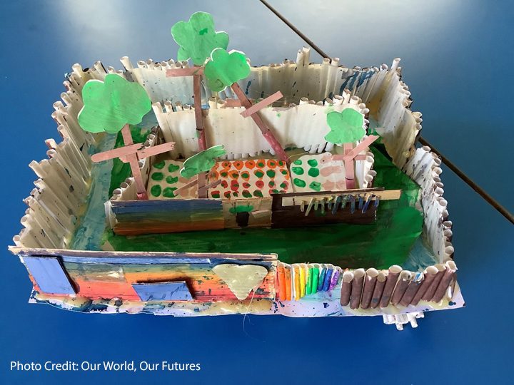Imagined living space by children through Our World, Our Futures project. Made with paper and card and paper drinking straws