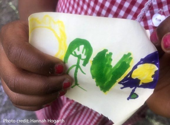 Me, my green heart, the daffodil and the crocus. A drawing by a child in a UK urban park. A child's hand holding a drawing in green , yellow and blue felt tip pen.