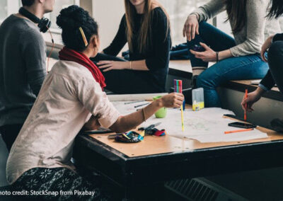 A group of students meet to discuss coursework