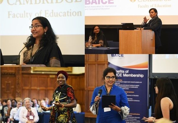 Montage of four photos from the BAICE plenary at UKFIET 2023 conference.  Prof Nidhi Singal,  Tejendra Pherali  and two colleagues reciting poetry