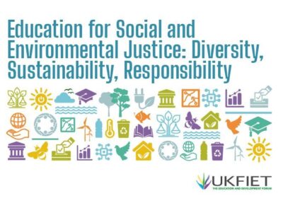 Education for Social and Environmental Justice: Diversity, Sustainability, Responsibility. The title of the UKFIET 2023 Conference. Icons of scales - justice, solar power, education, fish, green power, dove, recycle bin, bee, voting, wind turbines and UKFIET logo