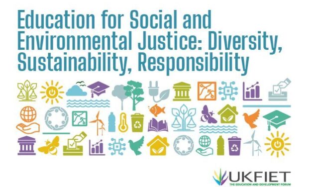 Education for Social and Environmental Justice: Diversity, Sustainability, Responsibility. The title of the UKFIET 2023 Conference. Icons of scales - justice, solar power, education, fish, green power, dove, recycle bin, bee, voting, wind turbines and UKFIET logo