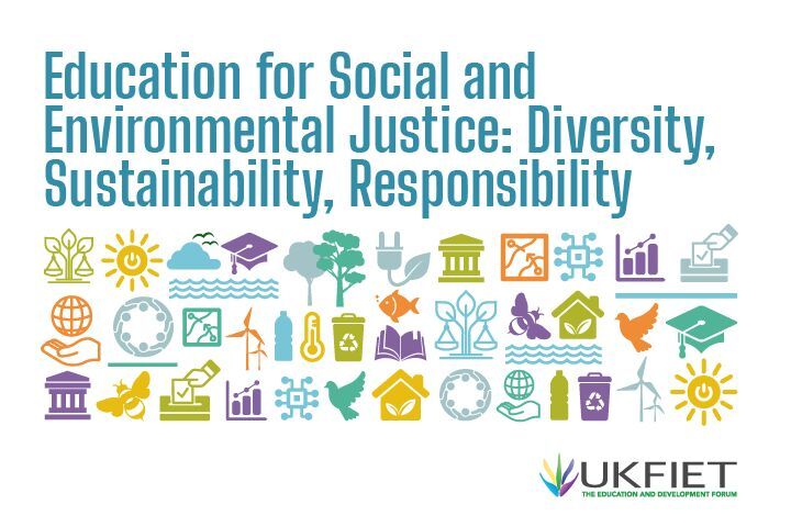 Education for Social and Environmental Justice: Diversity, Sustainability, Responsibility. The title of the UKFIET 2023 Conference. Icons of scales - justice, solar power, education, fish, green power, dove, recycle bin, bee, voting, wind turbines and UKFIET logo