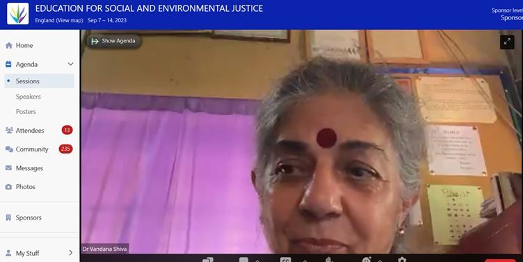 Screen shot of Vandana Shiva presenting at the UKFIET online conference 7 September 2023