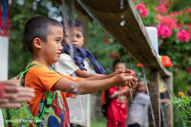 Students wash their hands at Khokkham Primary School, Pak Ou District, Lao PDR, December 2018.